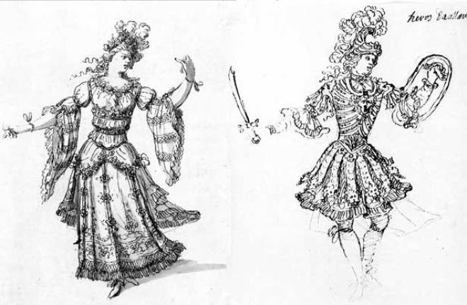 ​Projets de costumes par Jean Bérain (nymphe et héros) pour Armide de Quinault et Lully (1686)