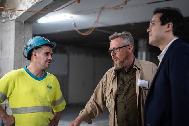 Vitor Vicente, Stéphane Agazzi et Leonardo García Alarcón, chantier de La Cité Bleue Genève